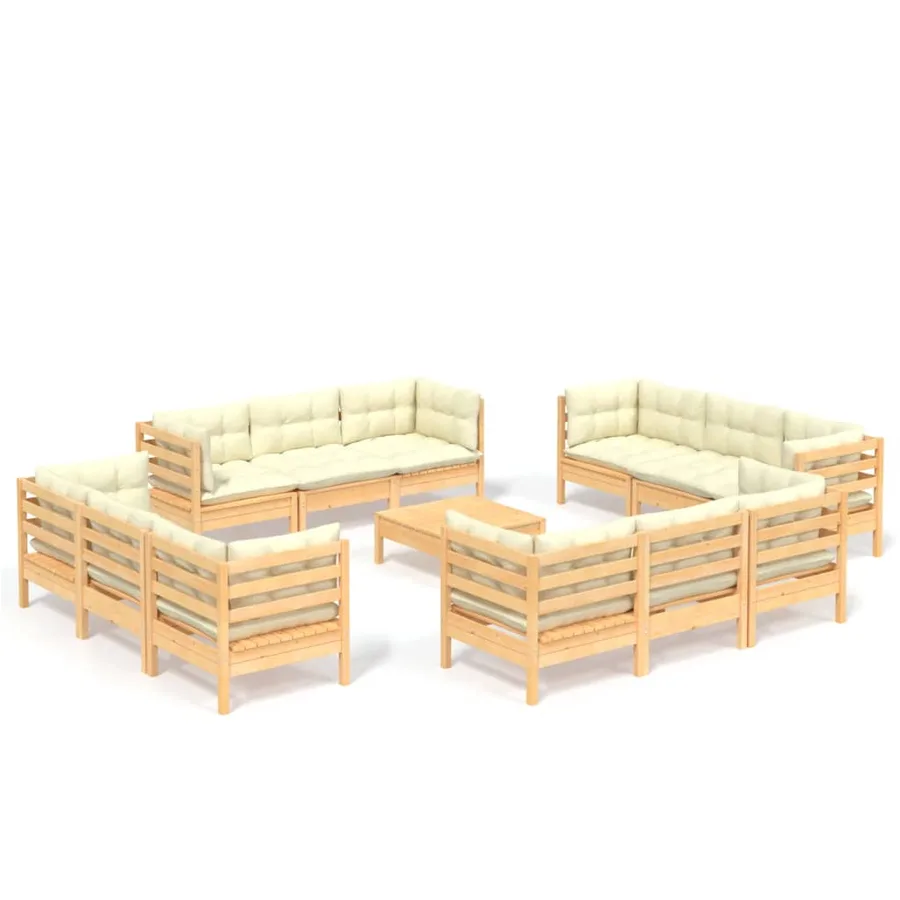 Salon de jardin 13 pcs avec coussins crème bois de pin - 2