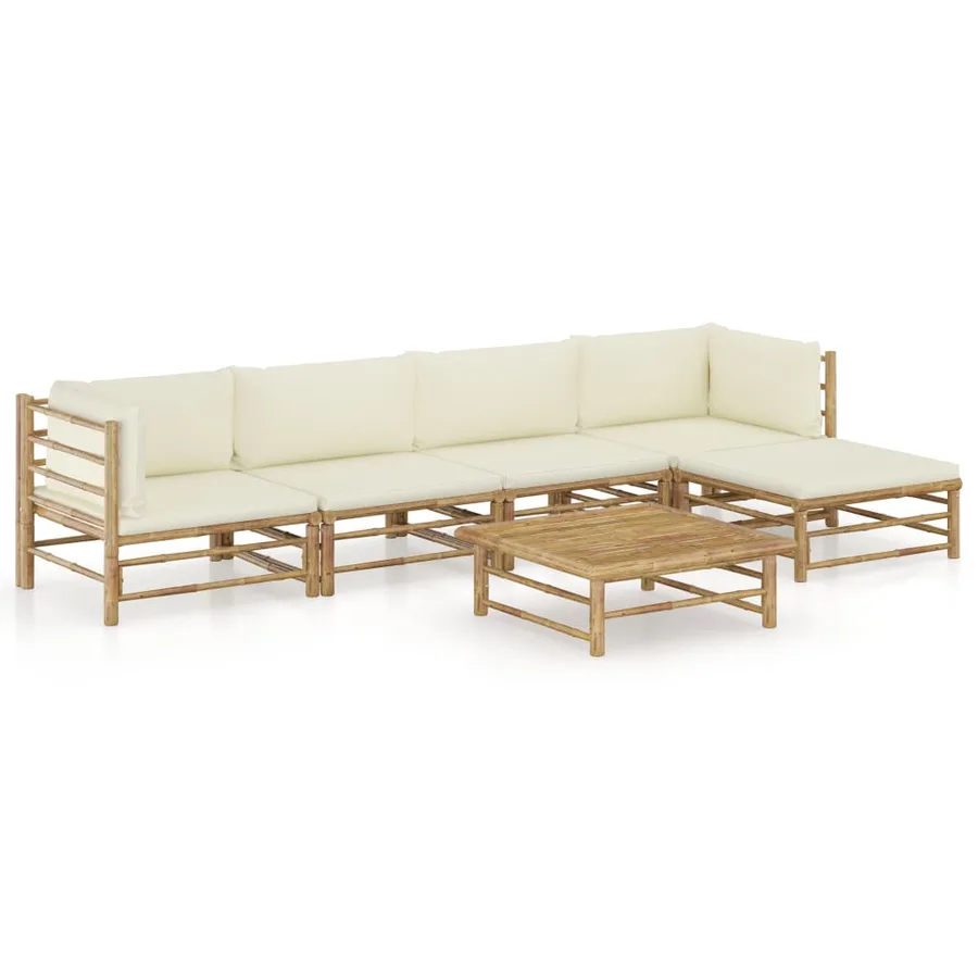 Salon de jardin 6 pcs avec coussins blanc crème bambou - 2