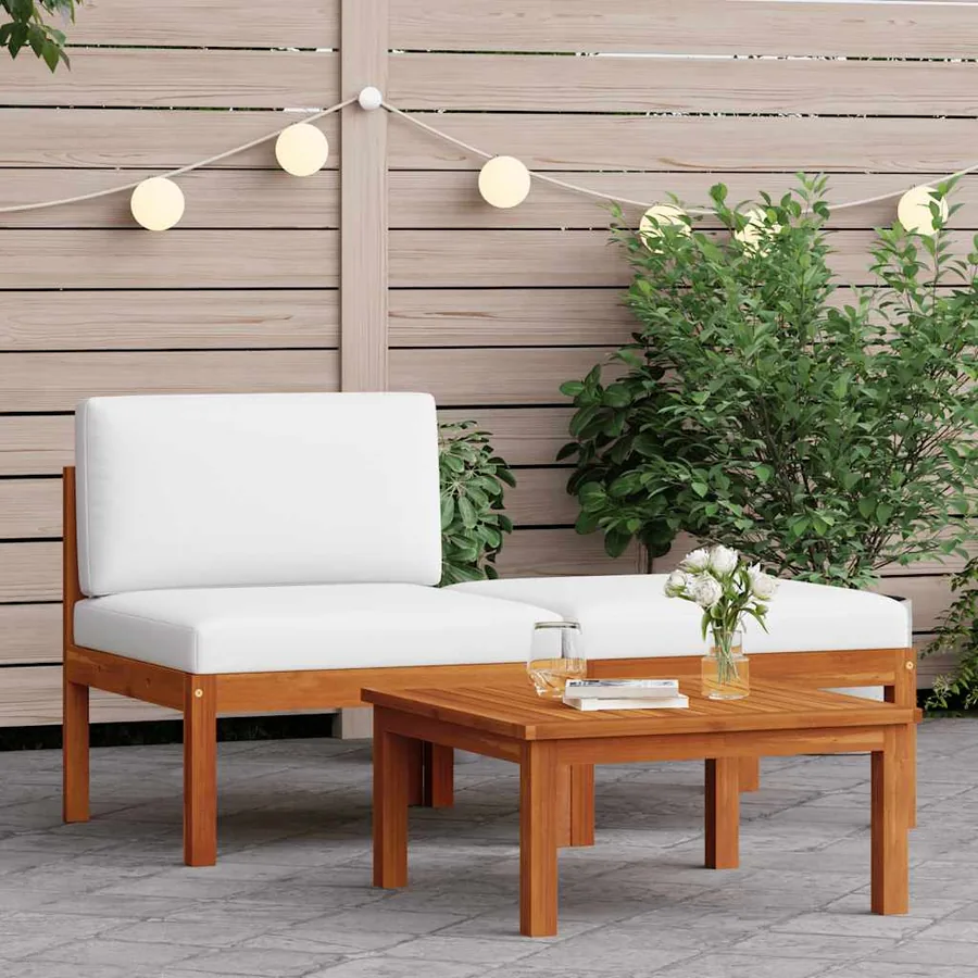 Salon de jardin 3 pièces avec coussins en bois d'acacia et corde