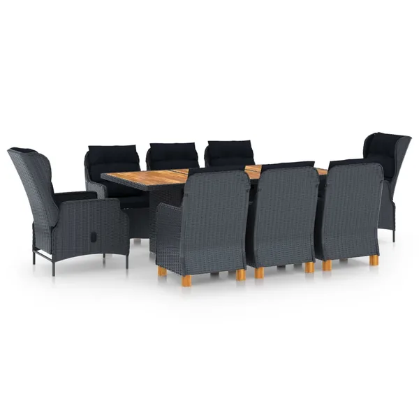 Ensemble à manger 9 pcs avec coussins résine tressée gris foncé