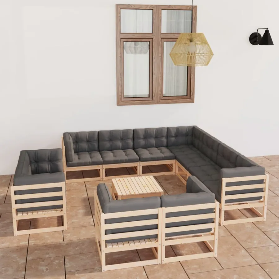 Salon de jardin 12 pcs avec coussins Bois de pin massif
