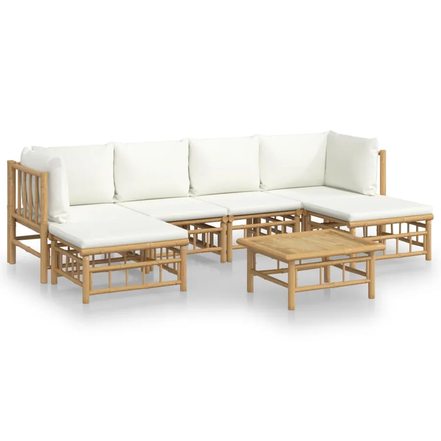 Salon de jardin 7 pcs avec coussins blanc crème bambou - 2