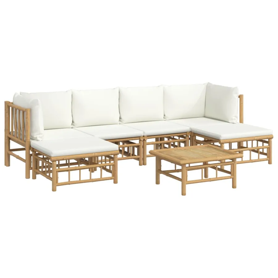 Salon de jardin 7 pcs avec coussins blanc crème bambou - 3