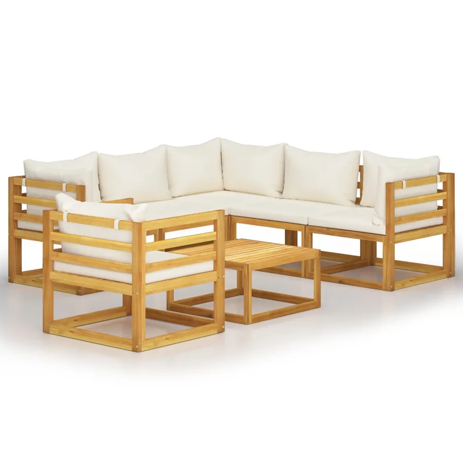 Salon de jardin 7 pcs avec coussin Crème Bois d'acacia solide - 2