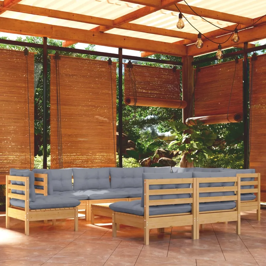 Salon de jardin 10 pcs avec coussins gris bois de pin massif