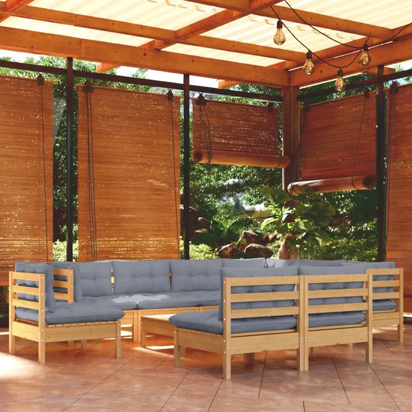 Salon de jardin 10 pcs avec coussins gris bois de pin massif