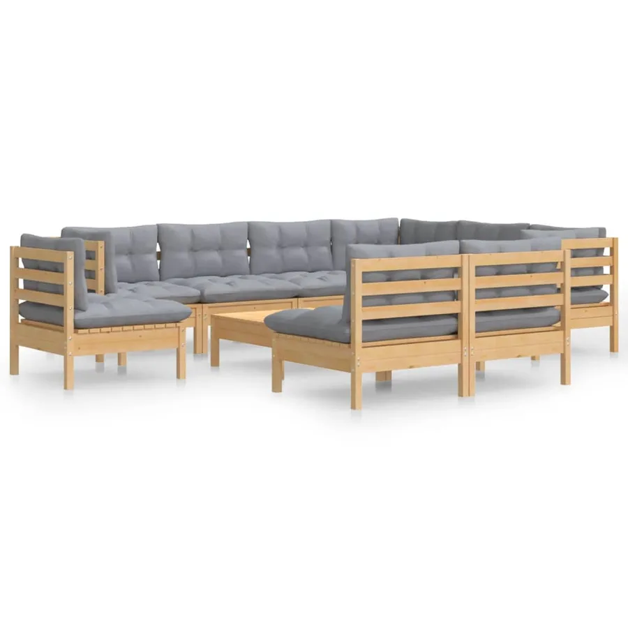 Salon de jardin 10 pcs avec coussins gris bois de pin massif - 2