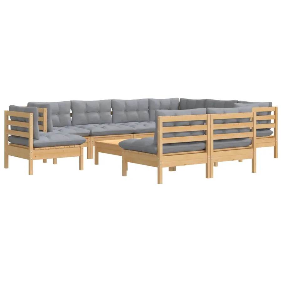 Salon de jardin 10 pcs avec coussins gris bois de pin massif - 3