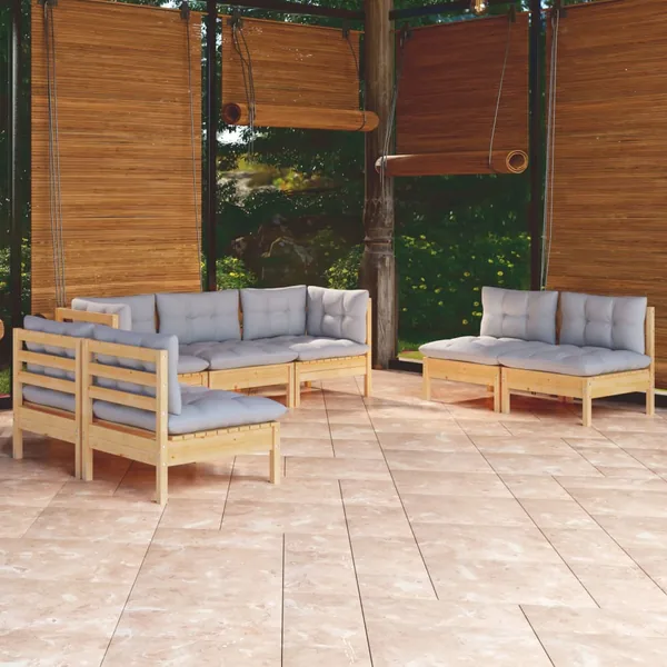 Salon de jardin 7 pcs avec coussins gris bois de pin massif