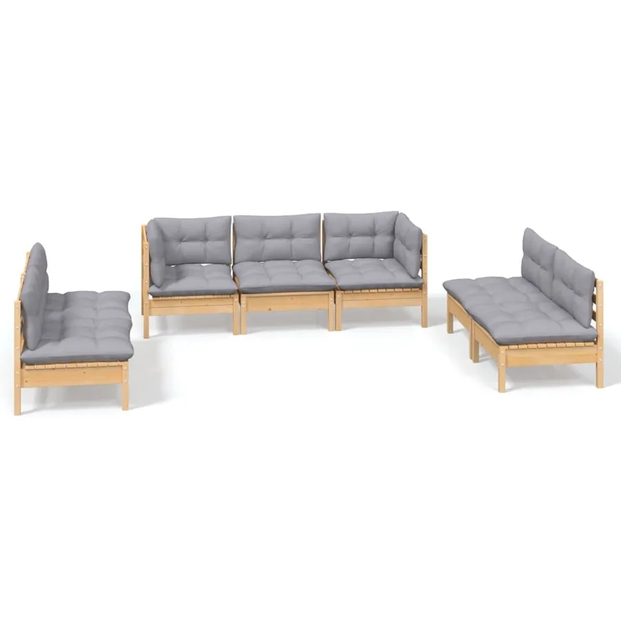 Salon de jardin 7 pcs avec coussins gris bois de pin massif - 2