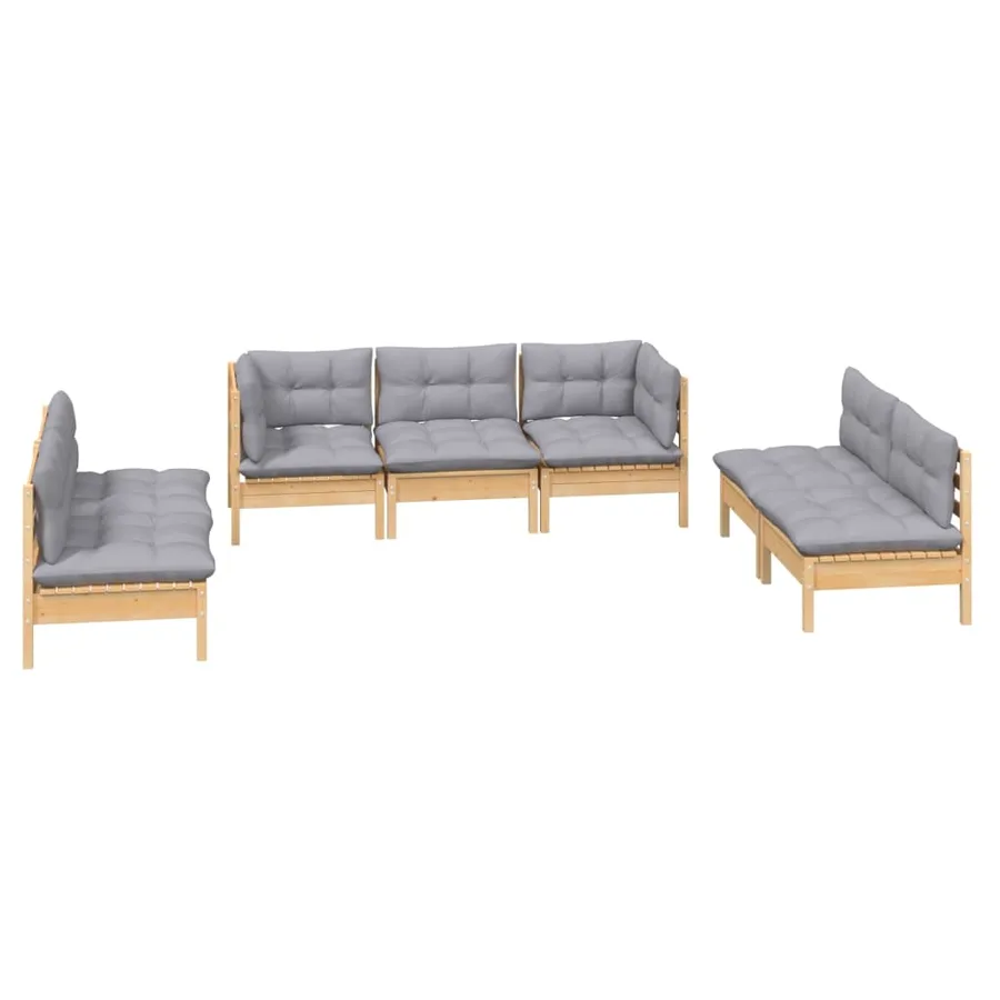 Salon de jardin 7 pcs avec coussins gris bois de pin massif - 3