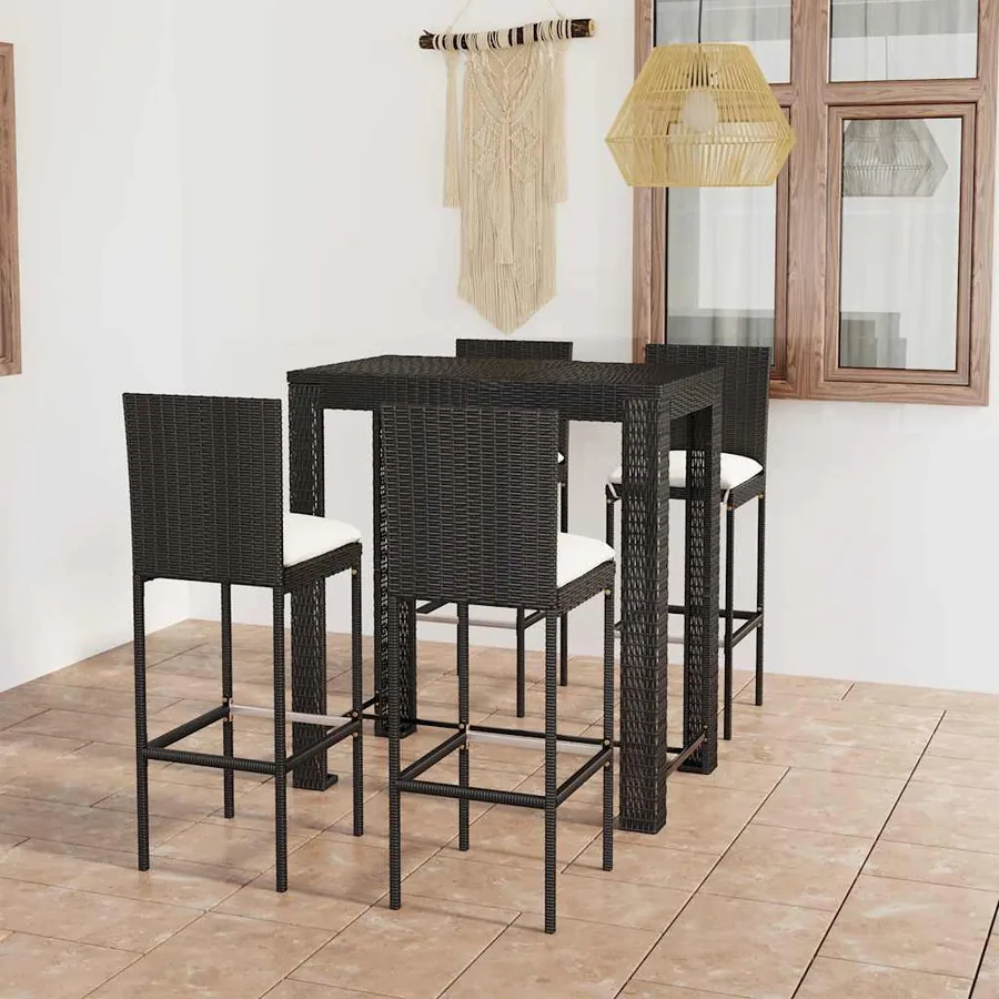 Ensemble de bar d'extérieur 5 pcs coussins Résine tressée Noir