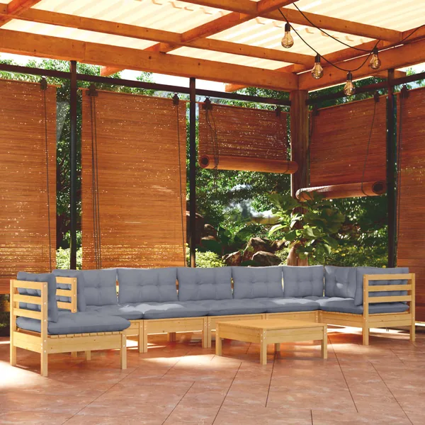 Salon de jardin 9 pcs avec coussins gris bois de pin massif