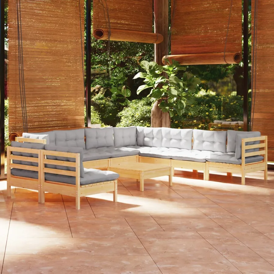 Salon de jardin 10 pcs avec coussins gris bois de pin massif