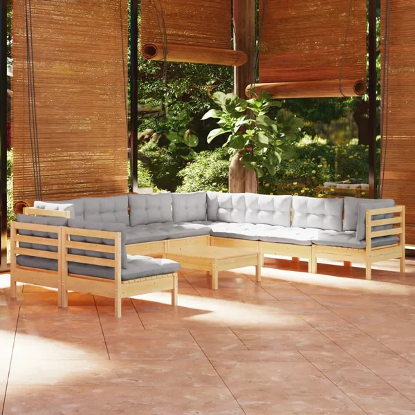 Salon de jardin 10 pcs avec coussins gris bois de pin massif