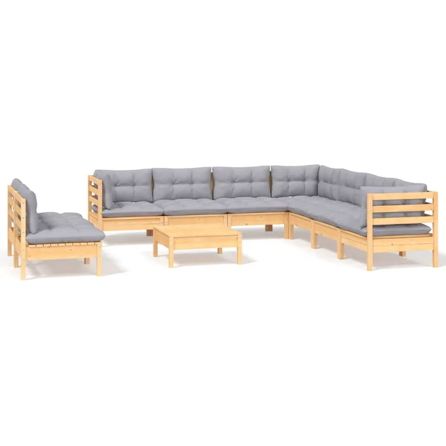 Salon de jardin 10 pcs avec coussins gris bois de pin massif - 2