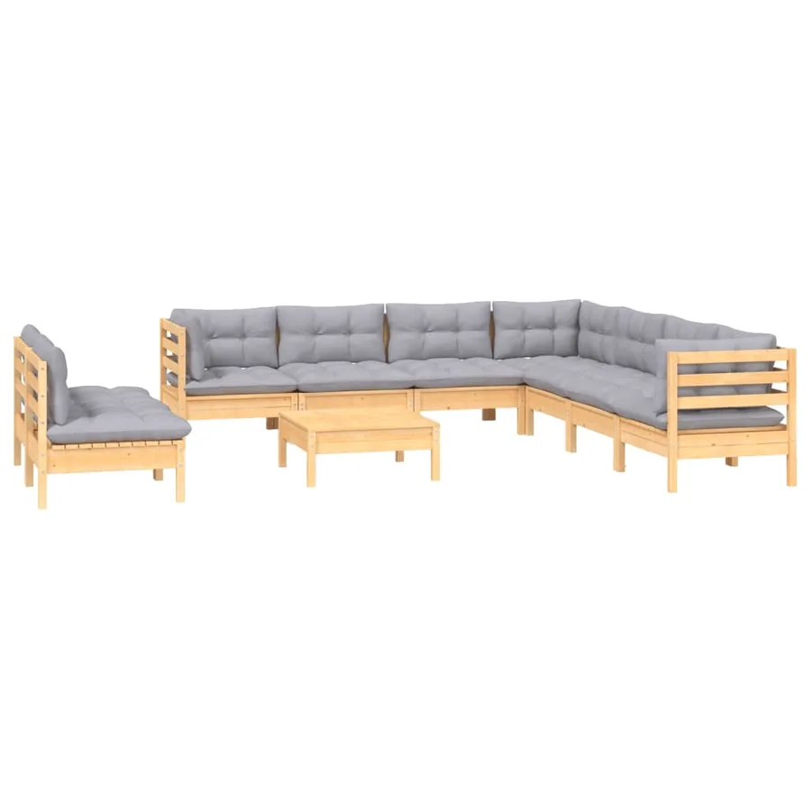 Salon de jardin 10 pcs avec coussins gris bois de pin massif - 3