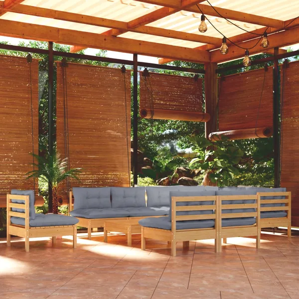 Salon de jardin 11 pcs avec coussins gris Bois de pin solide