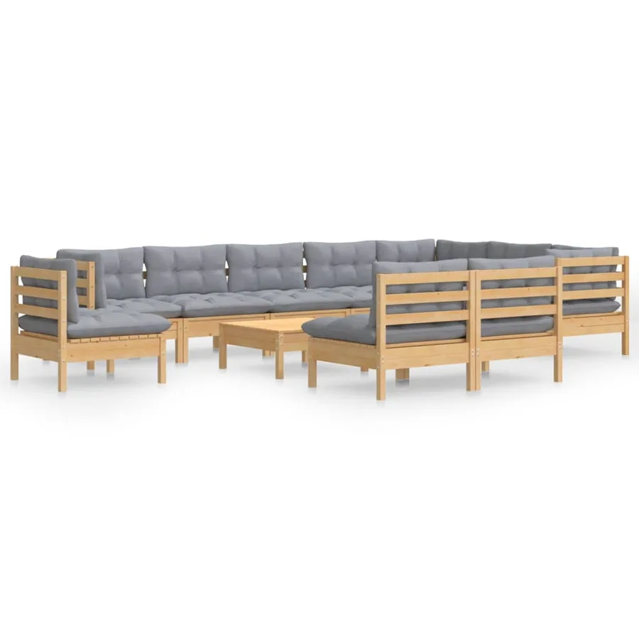 Salon de jardin 11 pcs avec coussins gris Bois de pin solide - 2