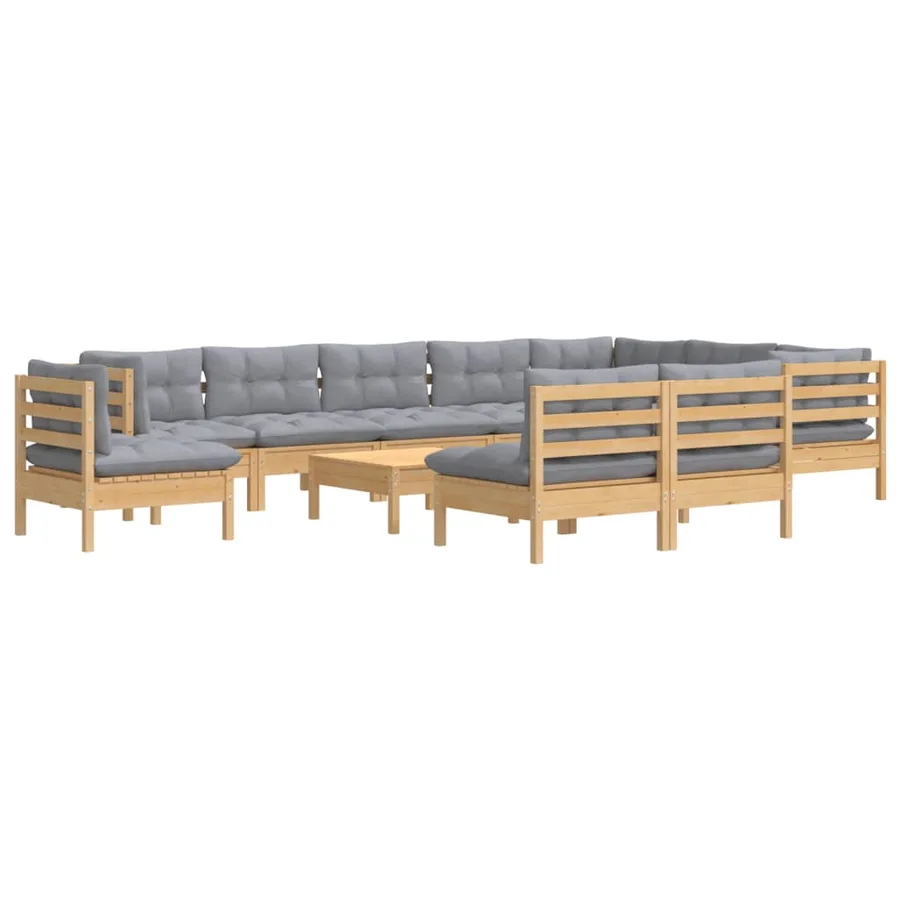 Salon de jardin 11 pcs avec coussins gris Bois de pin solide - 3