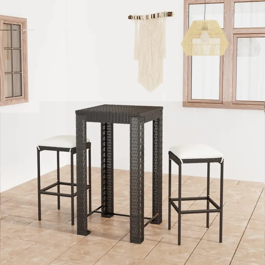 Ensemble de bar de jardin 3 pcs et coussins Résine tressée Noir
