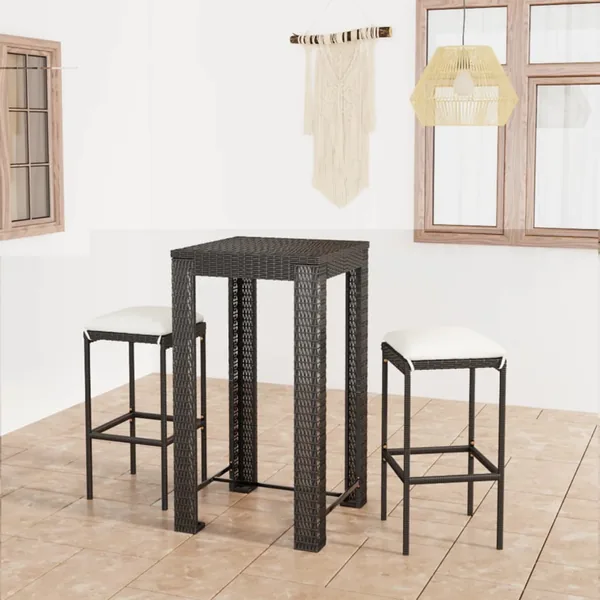 Ensemble de bar de jardin 3 pcs et coussins Résine tressée Noir