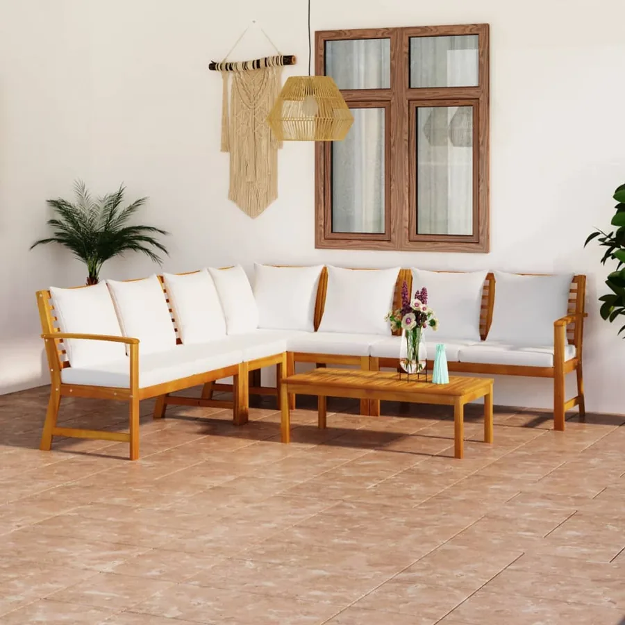 Salon de jardin 6 pcs avec coussin Crème Bois d'acacia solide