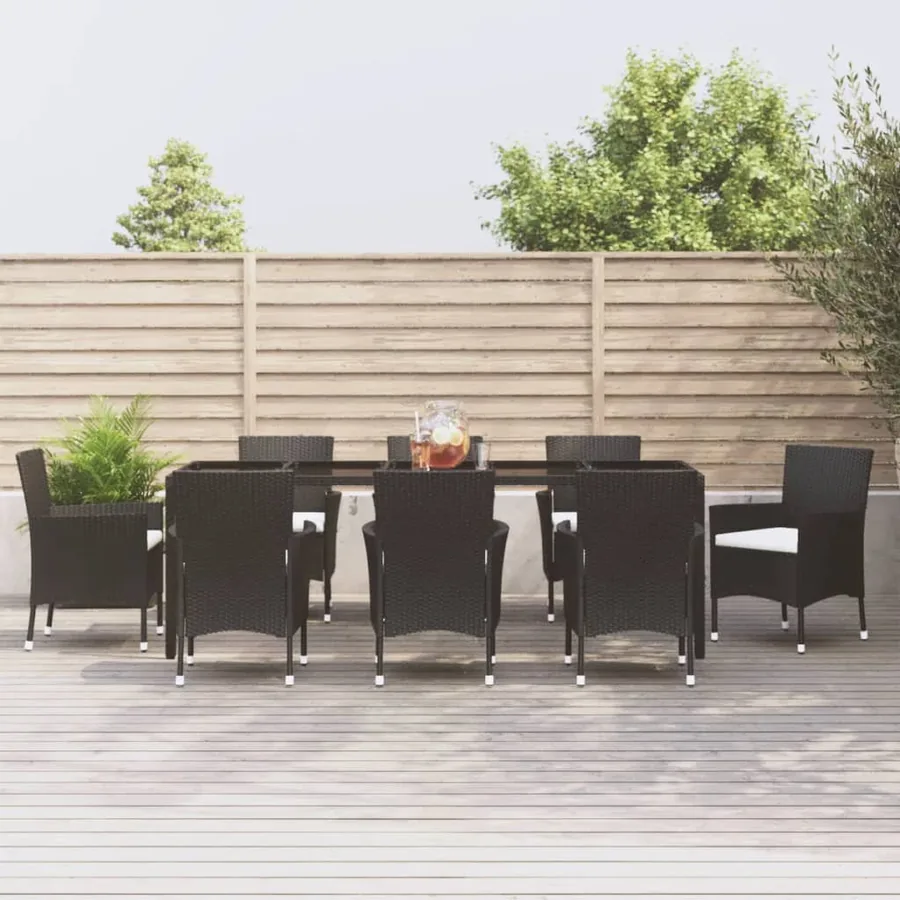 Ensemble à manger jardin 9pcs et coussins noir résine tressée
