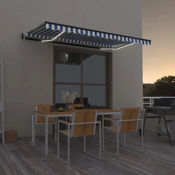 Auvent automatique capteur de vent/LED 400x350 cm Bleu et blanc