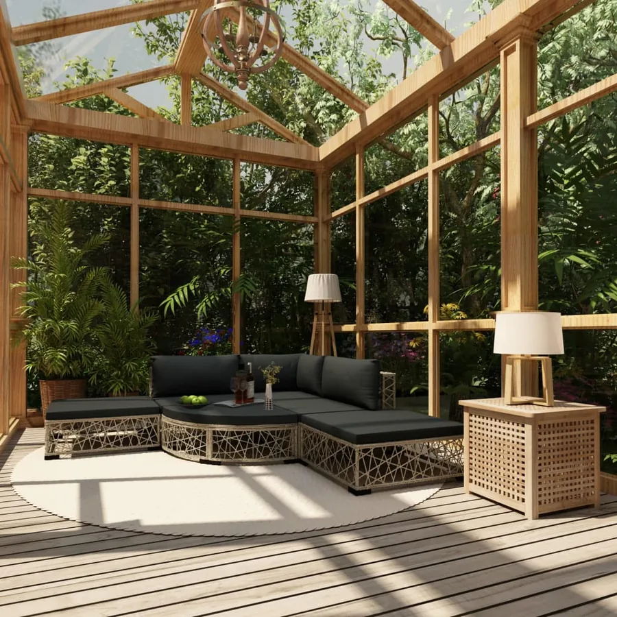 Salon de jardin 6 pcs avec coussins résine tressée gris