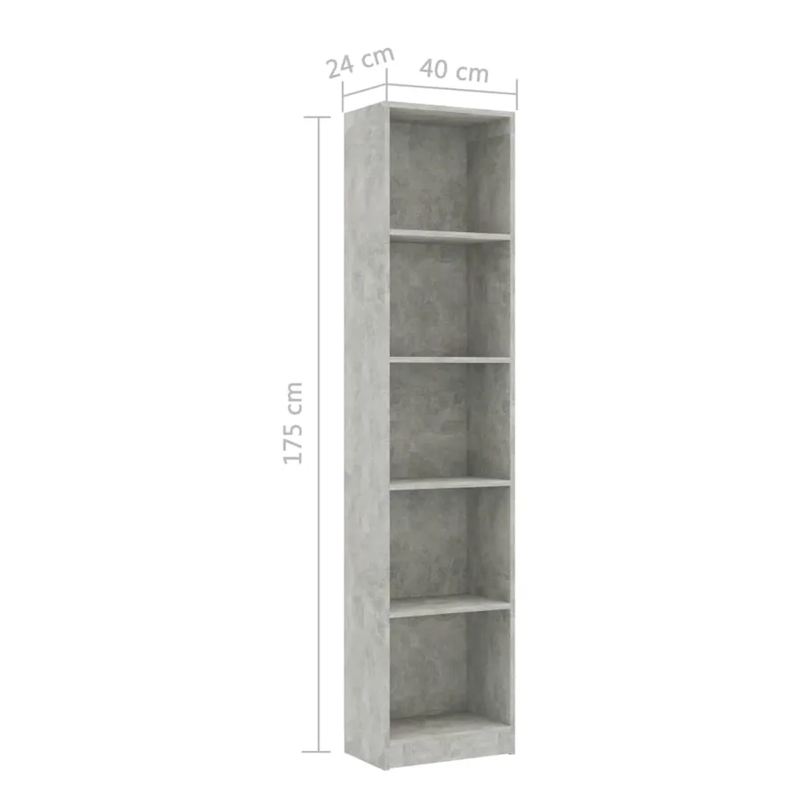 Bibliothèque à 5 niveaux Gris béton 40x24x175cm Bois ingénierie - 6