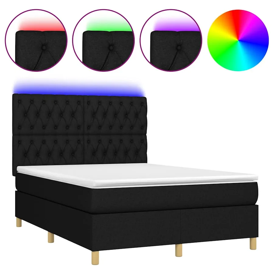 Sommier à lattes de lit et matelas et LED Noir 140x200 cm Tissu - 2