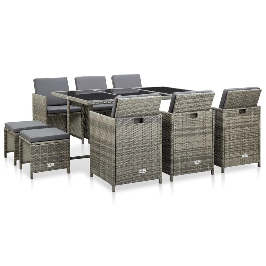 Ensemble à manger d’extérieur 11pcs et coussins poly rotin Gris