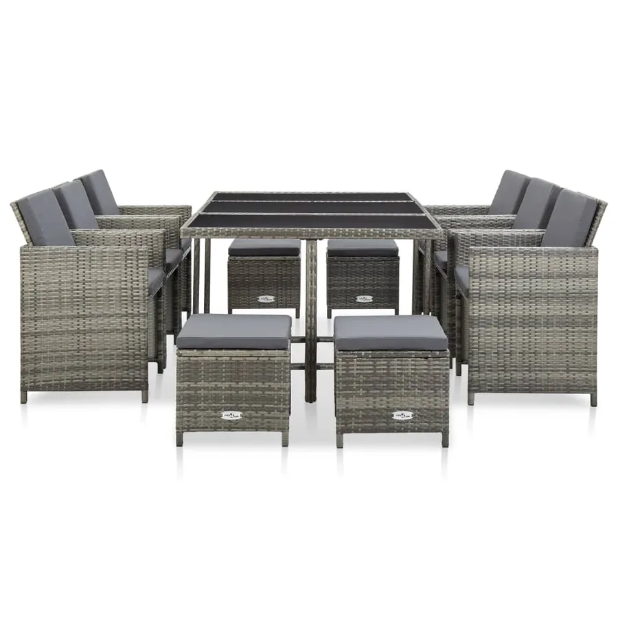 Ensemble à manger d’extérieur 11pcs et coussins poly rotin Gris - 2