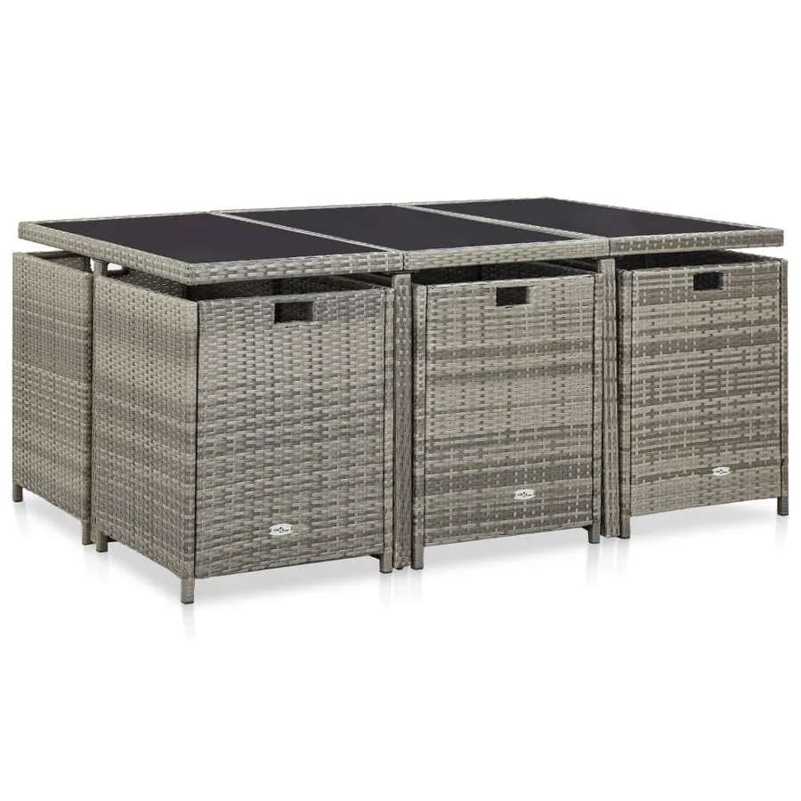 Ensemble à manger d’extérieur 11pcs et coussins poly rotin Gris - 4