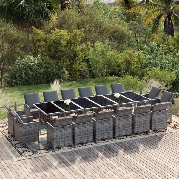 Ensemble à manger de jardin coussins 17 pcs Résine tressée Gris
