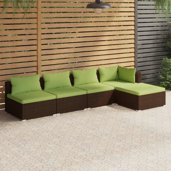 Salon de jardin 5 pcs avec coussins résine tressée marron