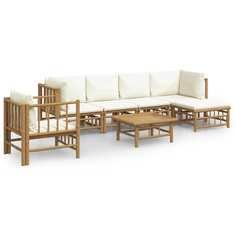 Salon de jardin 7 pcs avec coussins blanc crème bambou - 2