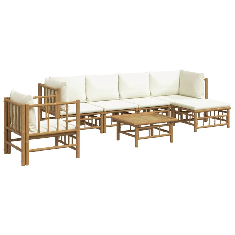 Salon de jardin 7 pcs avec coussins blanc crème bambou - 3