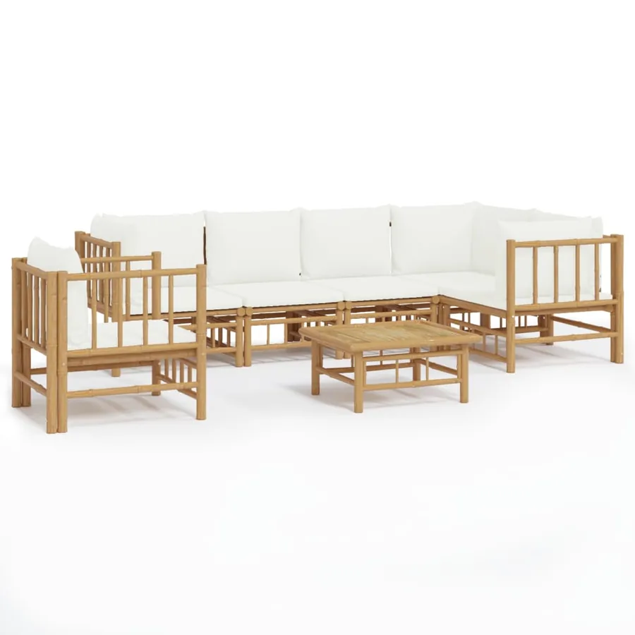 Salon de jardin 7 pcs avec coussins blanc crème bambou - 2