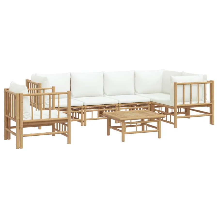 Salon de jardin 7 pcs avec coussins blanc crème bambou - 3