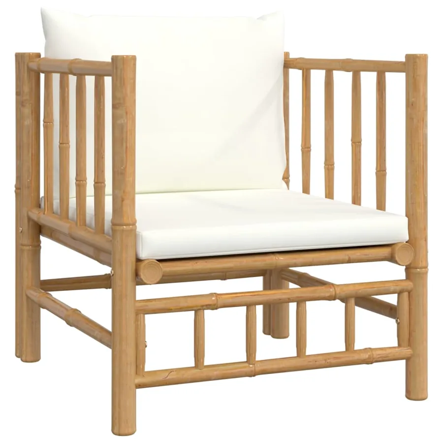 Salon de jardin 7 pcs avec coussins blanc crème bambou - 6