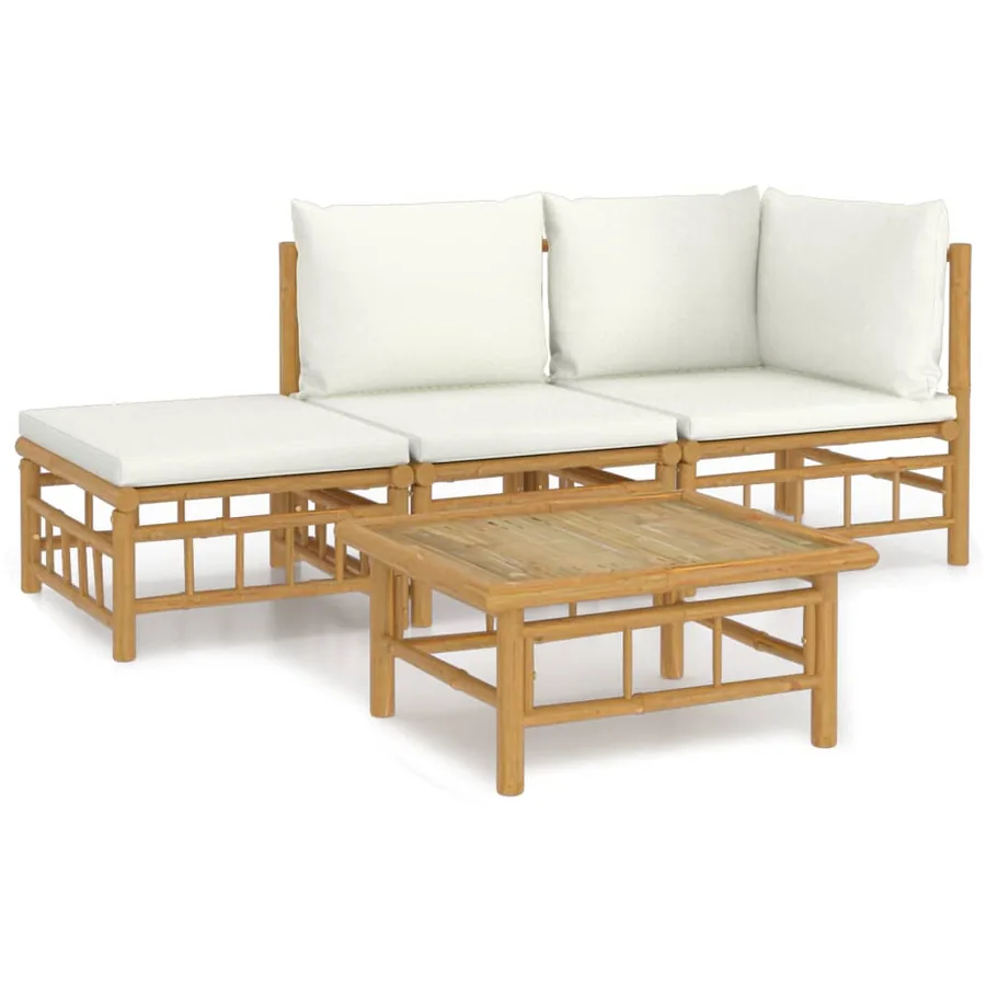 Salon de jardin 4 pcs avec coussins blanc crème bambou - 2