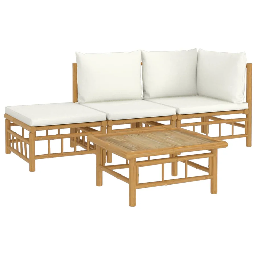 Salon de jardin 4 pcs avec coussins blanc crème bambou - 3