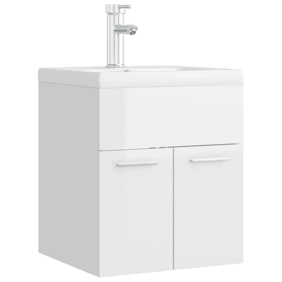Armoire d'évier lavabo intégré blanc brillant bois d'ingénierie - 2