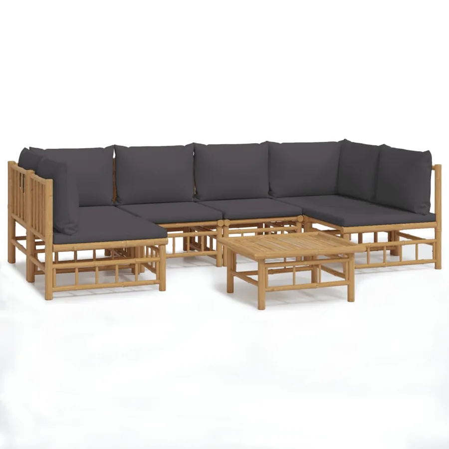 Salon de jardin 7 pcs avec coussins gris foncé bambou - 2