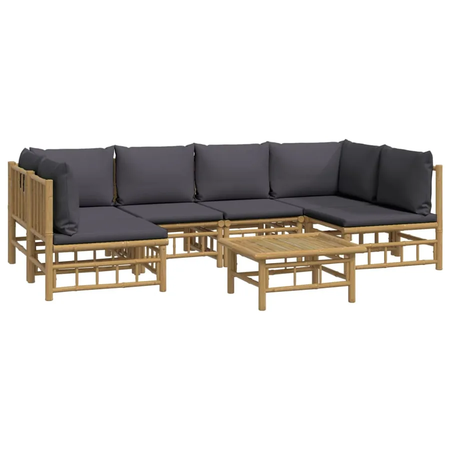 Salon de jardin 7 pcs avec coussins gris foncé bambou - 3