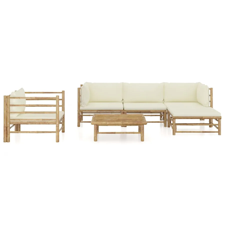 Salon de jardin 6 pcs avec coussins blanc crème bambou - 2