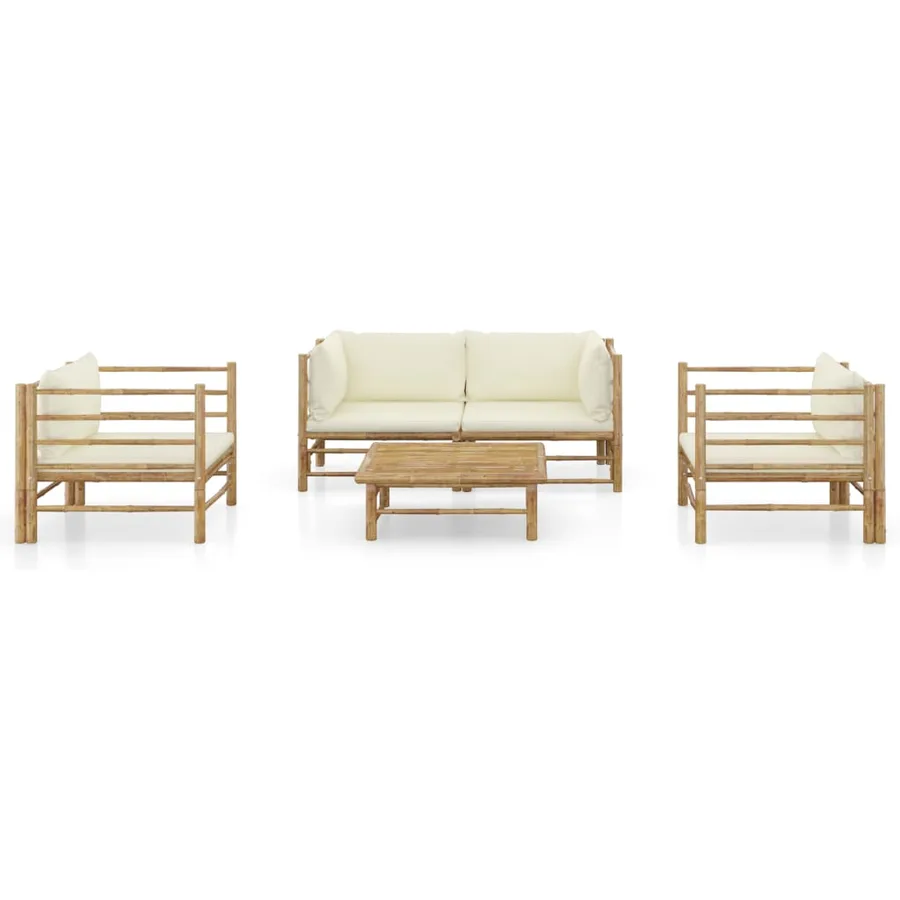 Salon de jardin 5 pcs avec coussins blanc crème bambou - 2