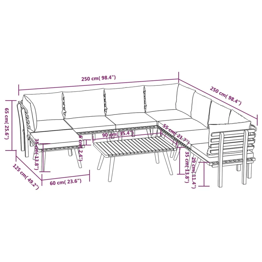 Salon de jardin 9 pcs avec coussins Bois d'acacia solide - 12